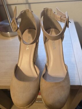 SODA Beige/Tan Espadrille Ankle Strap Wedge Sandals